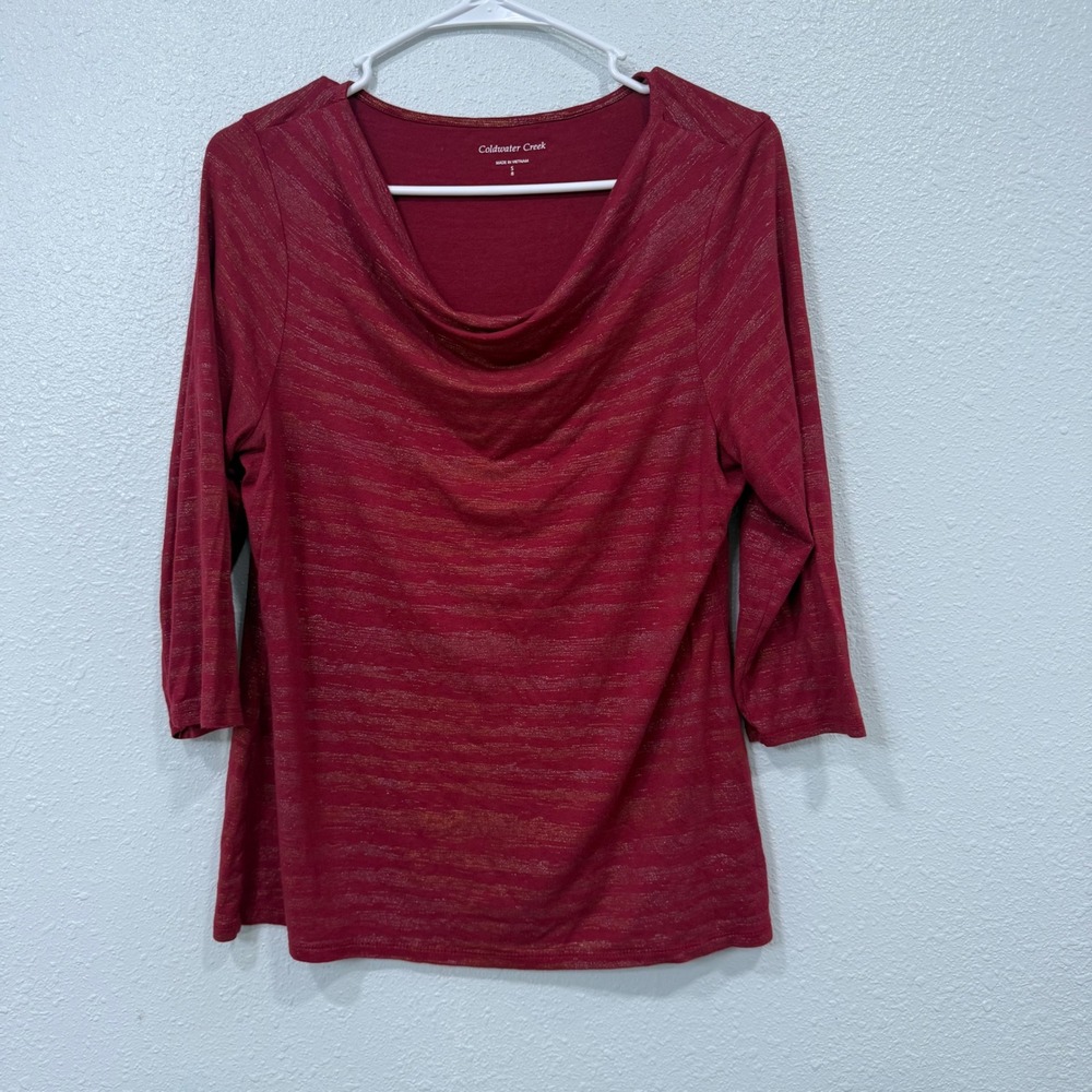 Coldwater Creek Red Gold Metallic Stripe Cowl Neck 3/4 Sleeve Top Small S 8